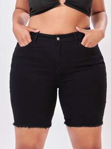 SHEIN Essnce Plus High Waist Raw Trim Denim Shorts - Black - View 1
