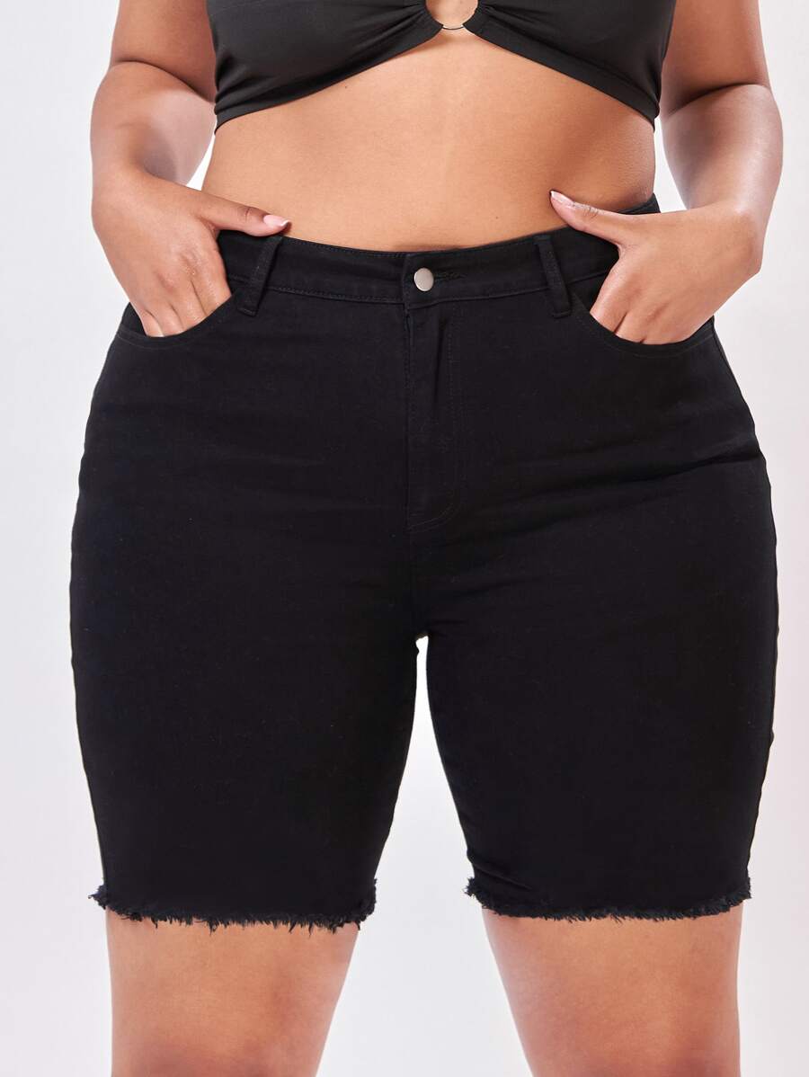 SHEIN Essnce Plus High Waist Raw Trim Denim Shorts - Black - View 1