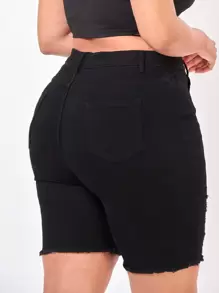 SHEIN Essnce Plus High Waist Raw Trim Denim Shorts - Black - View 2