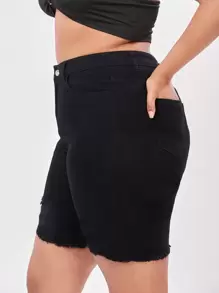 SHEIN Essnce Plus High Waist Raw Trim Denim Shorts - Black - View 5