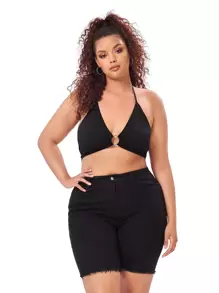 SHEIN Essnce Plus High Waist Raw Trim Denim Shorts - Black - View 6