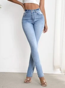 SHEIN Essnce Ripped Slit Hem Skinny Jeans - Light Wash - View 4