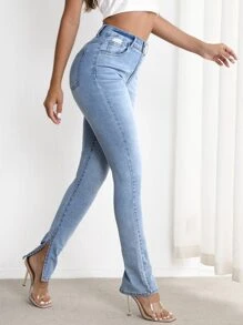 SHEIN Essnce Ripped Slit Hem Skinny Jeans - Light Wash - View 5