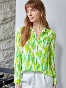 MOTF X Van Gogh INSPIRED 100% SILK WATER RIPPLE SHIRT - Lime Green - View 10