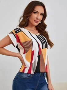 SHEIN LUNE Blusa con estampado geométrico de manga murciélago - Multicolor - Ver 5