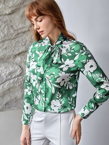 MOTF PREMIUM SILK FLORAL TIE-NECK BLOUSE - Multicolor - View 9