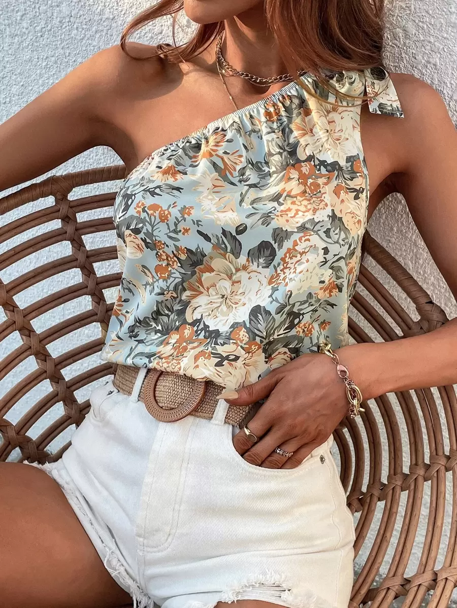 Breezaya Floral Print Tie One Shoulder Blouse - Multicolor - View 1