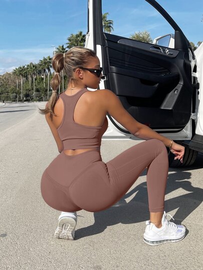 2pcs Seamless Yoga Set Tracksuit Gym Set Scoop Neck Tank Top Stitching Trim Tummy Control Leggings For Chinese New Year