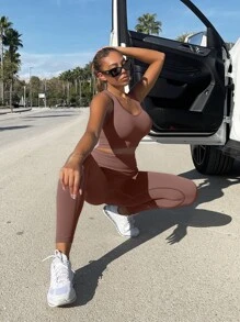 SHEIN Sport Studio 2pcs Seamless Yoga Set Tracksuit Gym Set Scoop Neck Tank Top Stitching Trim Tummy Control Leggings For Chinese New Year