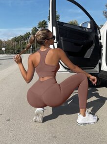 SHEIN Sport Studio 2pcs Seamless Yoga Set Tracksuit Gym Set Scoop Neck Tank Top Stitching Trim Tummy Control Leggings For Chinese New Year