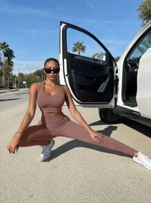SHEIN Sport Studio 2pcs Seamless Yoga Set Tracksuit Gym Set Scoop Neck Tank Top Stitching Trim Tummy Control Leggings For Chinese New Year