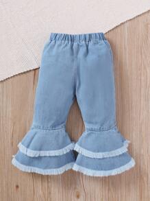 Baby Layered Raw Trim Flare Leg Jeans - Light Wash - View 2
