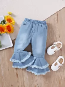 Baby Layered Raw Trim Flare Leg Jeans - Light Wash - View 6