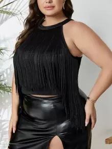 SHEIN Privé Plus Fringe Trim Asymmetrical Hem Top - Black - View 1