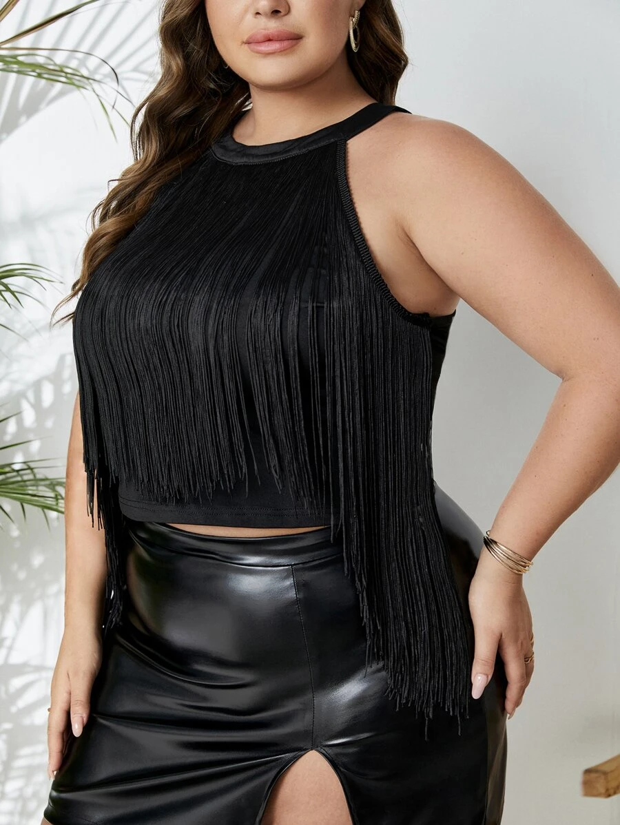SHEIN Privé Plus Fringe Trim Asymmetrical Hem Top - Black - View 1