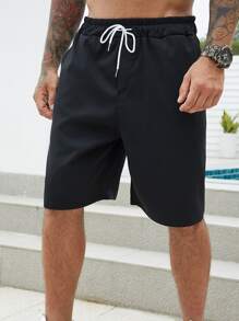 Manfinity Homme 男士斜插口袋腰部抽繩短褲 - 黑色 - 查看 5