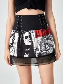 ROMWE Figure & Skeleton Graphic Lace Up Skirt - Multicolor - View 5