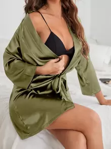 Open Front Belted Satin Night Robe Luxeloungewear, Fall, Winter