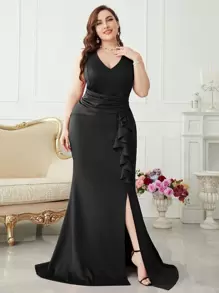 Plus Ruffle Trim Split Hem Bridesmaid Dress - Black - View 1