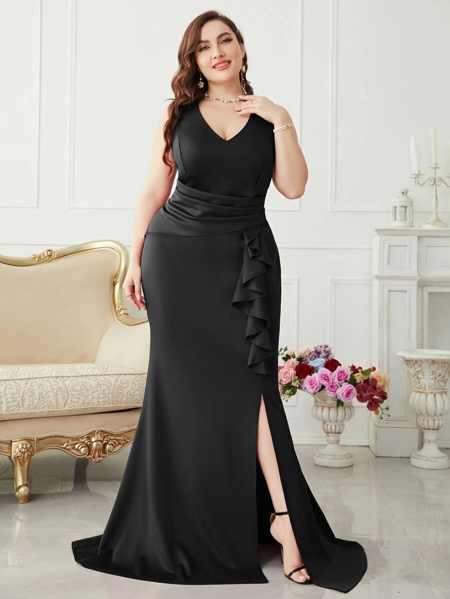 Plus Ruffle Trim Split Hem Bridesmaid Dress - Black - View 1