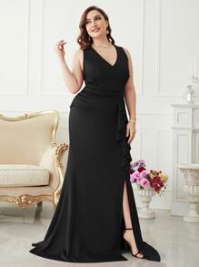 Plus Ruffle Trim Split Hem Bridesmaid Dress - Black - View 3