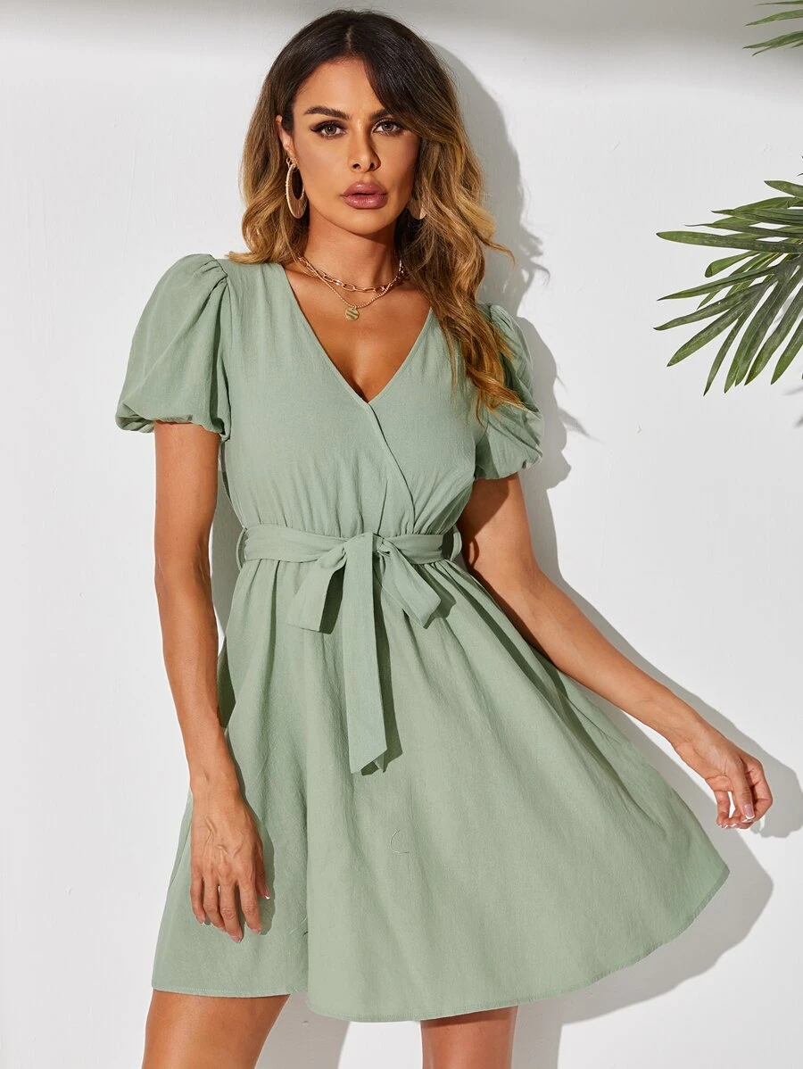 SHEIN Puff Sleeve Overlap Collar Belted Dress - Mint Green - View 1