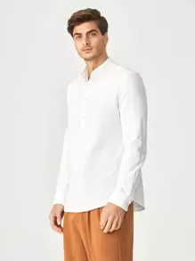 Manfinity VCAY Loose Fit Men's Cotton Solid Half Button Shirt - White - View 4