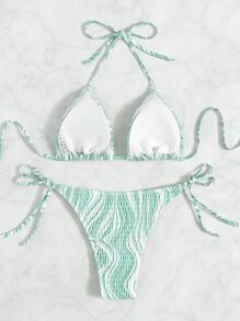 SHEIN X Sofía Suescun Swim Vcay 夏季沙灘流體罗紗束領三角比基尼 - 薄荷綠 - 查看 5