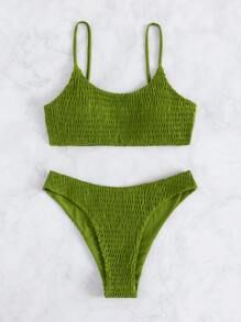 Swim Basics 夏季沙灘露腰束褶低腰比基尼 - 橄欖綠 - 查看 1
