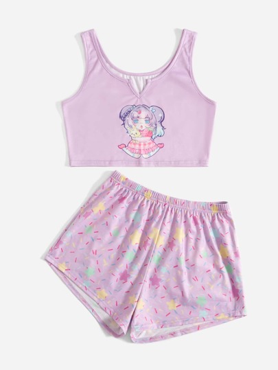 Cartoon Figure Graphic Notched Neck Pajama Set