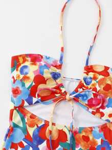SHEIN Swim Summer Beach Random Floral Print Knot Front Cut Out One Piece Swimsuit - Multicolor - View 3