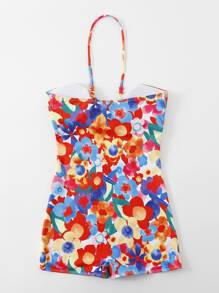 SHEIN Swim Summer Beach Random Floral Print Knot Front Cut Out One Piece Swimsuit - Multicolor - View 2