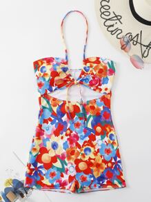 SHEIN Swim Summer Beach Random Floral Print Knot Front Cut Out One Piece Swimsuit - Multicolor - View 4