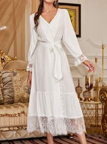 Bata homewear con encaje de pestaña en contraste de manga con volante bajo con fruncido con cinturón - Blanco - Ver 1