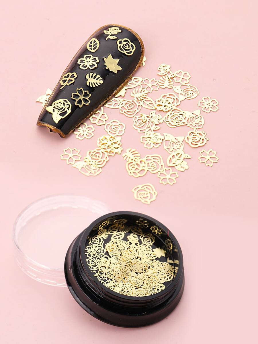 1 Bottle Nail Art Decoration With Leaves/flowers Pattern - Gold - View 1