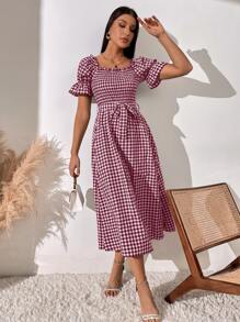 SHEIN LUNE Women Dresses Berikat Shirred Kain genggang Casual - Red and White - View 1