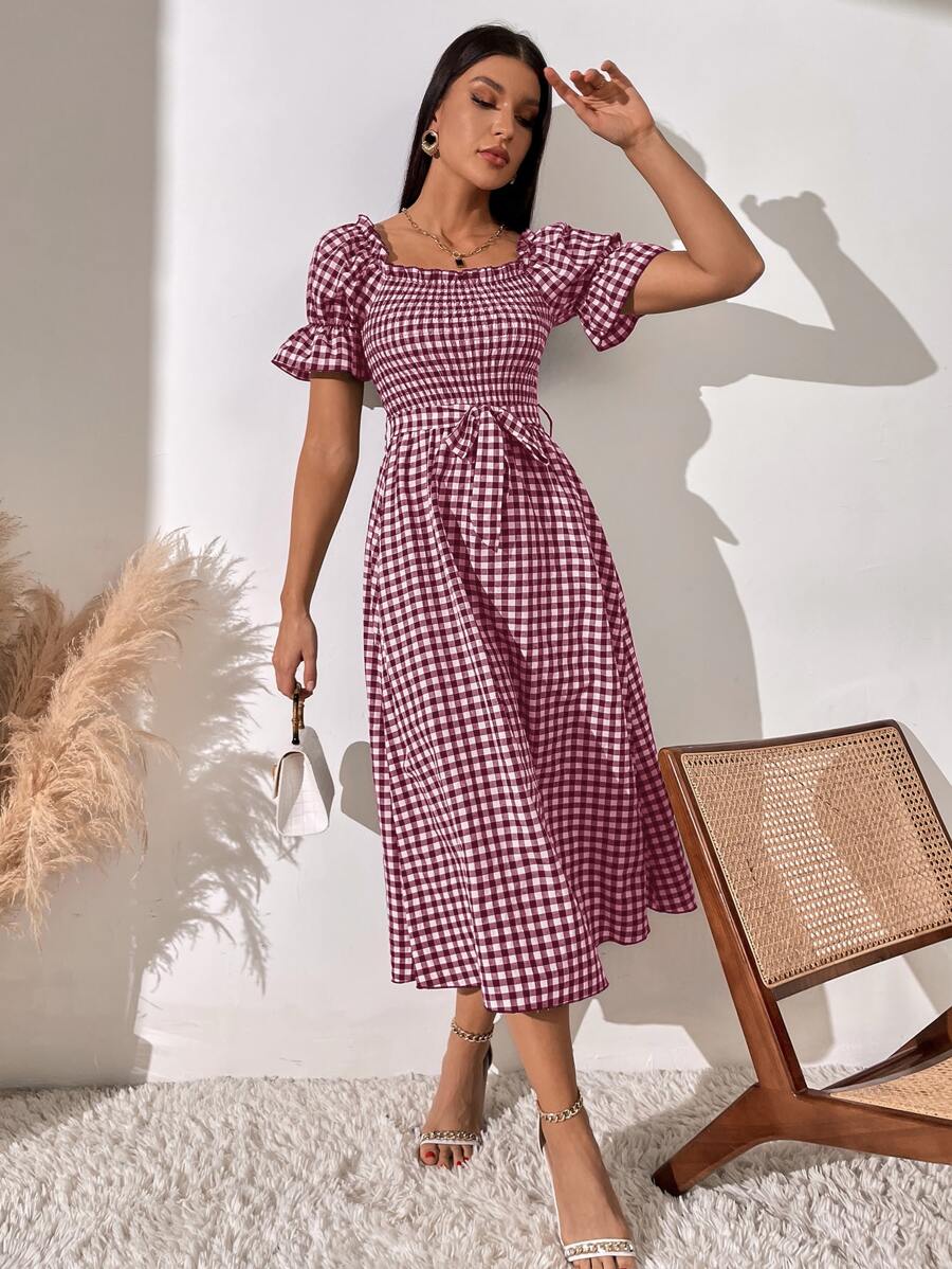 SHEIN LUNE Women Dresses Berikat Shirred Kain genggang Casual - Red and White - View 1