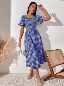 SHEIN LUNE Square Neck Gingham Print Puff Sleeve Belted Dress - Blue and White - View 1