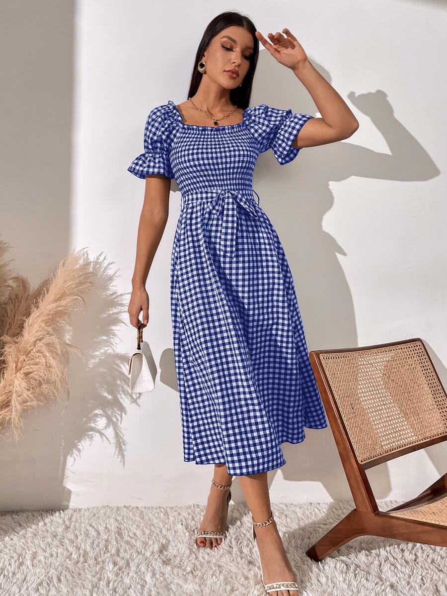 SHEIN LUNE Square Neck Gingham Print Puff Sleeve Belted Dress - Blue and White - View 1