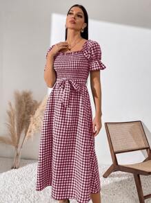 SHEIN LUNE Women Dresses Berikat Shirred Kain genggang Casual - Red and White - View 4