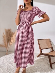 SHEIN LUNE Women Dresses Berikat Shirred Kain genggang Casual - Red and White - View 5