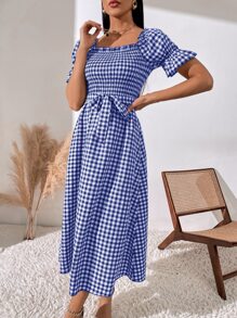 SHEIN LUNE Square Neck Gingham Print Puff Sleeve Belted Dress - Blue and White - View 5