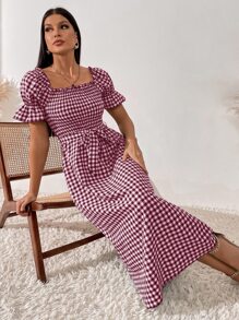 SHEIN LUNE Women Dresses Berikat Shirred Kain genggang Casual - Red and White - View 6