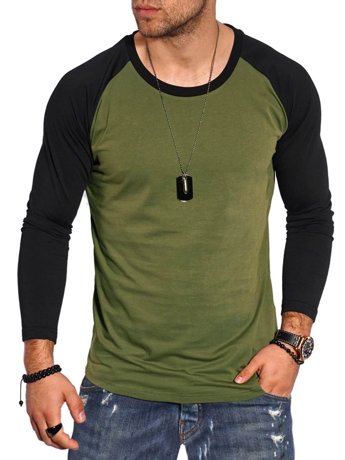 Manfinity Homme Atasan Pria Blok Warna Casual - Hijau Tentara - View 1