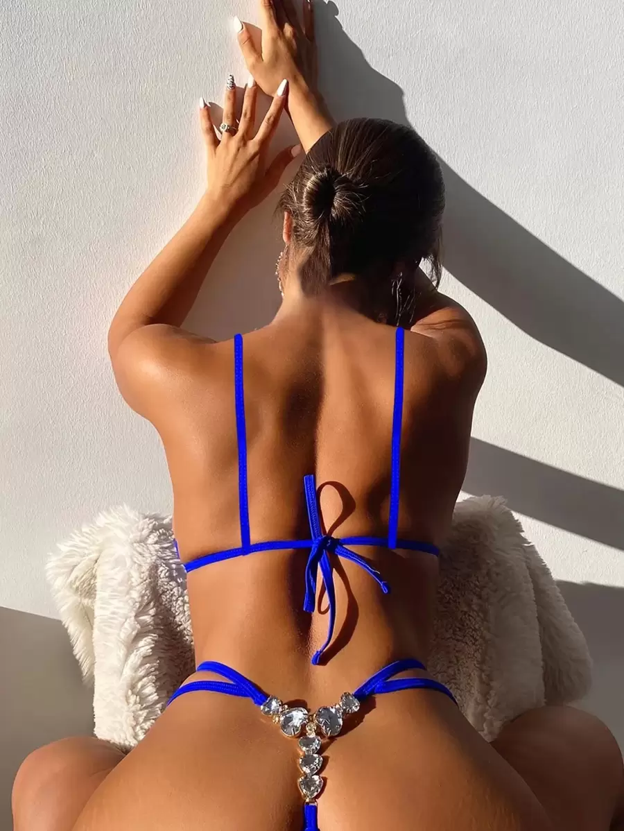 Cut Out Triangle Thong Bikini - Royal Blue - View 1