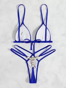 Cut Out Triangle Thong Bikini - Royal Blue - View 5