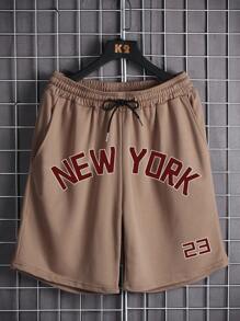Manfinity Campus Court Aesthetic Post--Men Letter Graphic Drawstring Waist Shorts - Mocha Brown - View 1