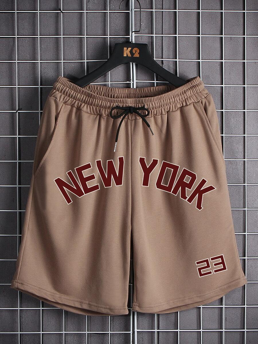 Manfinity Campus Court Aesthetic Post--Men Letter Graphic Drawstring Waist Shorts - Mocha Brown - View 1