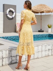 Puff Sleeve Ruffle Hem Lace Formal Dress - Yellow - View 2