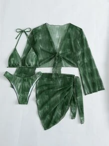 Vaytide 紮染比基尼套裝吊脖三角形文胸和泳衣下裝和罩衫半身裙3入組泳衣 - 墨綠色 - 查看 5